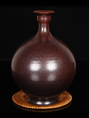 日本花器 陶工艺 窑变鎏紫红密黑点金属釉 大肚 长颈 陶瓷花瓶，品相完美