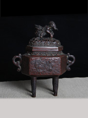 日本香炉 腊膜铸型工艺 带日款 双提古纹耳 瑞兽摘 开窗浮雕 龙纹 隐约透出铜金 老香炉