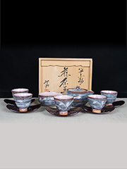 日本瓷器 志野烧中的鼠志野 茶道组 全套 外加漆器杯托 带原装桐木供箱