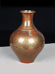 日本花瓶 秀山款 铸铜 橙黄斑 大肚 长颈 老花瓶 带原装桐木供箱