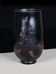 日本花瓶 晴云款 浮雕 山水纹 紫斑铜 厚实靠谱 难得带原装桐木供箱