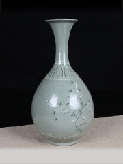 日本花瓶 象嵌菊花纹 大肚 长颈 老花瓶 带原装桐木供箱