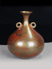 日本花瓶 秀月作 铸铜 橙黄色 双耳 大肚 收口 老花瓶 带原装桐木供箱