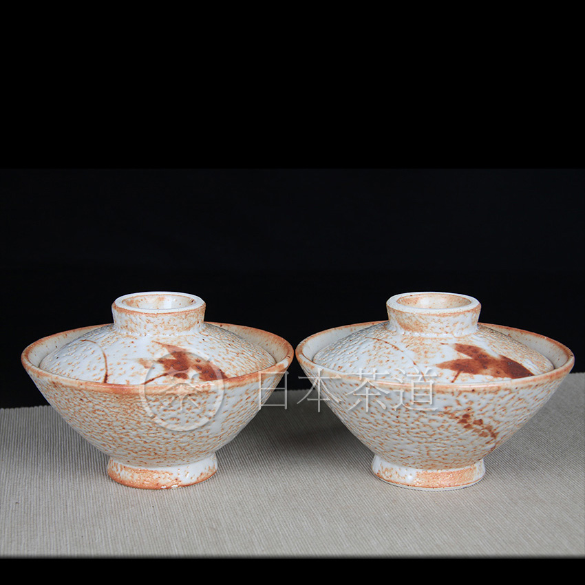 日本陶瓷 志野烧  茶碗则 日本特有器形风格 茶碗盖碗 一对 带原装桐木供箱