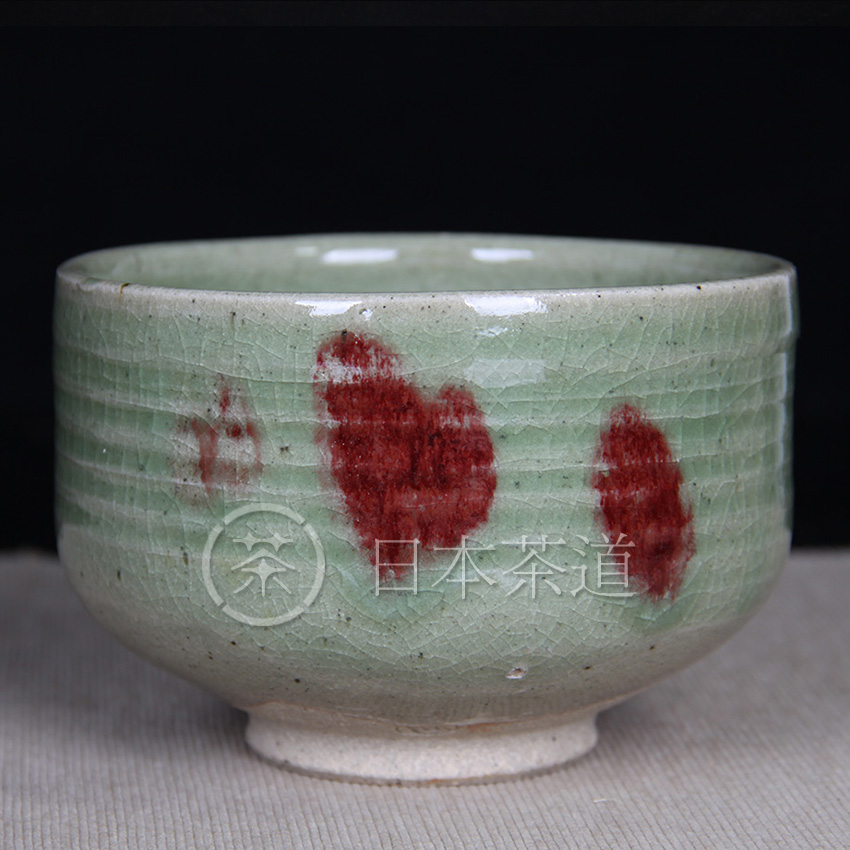 日本茶碗 琉璃球绿色 手工拉胚痕明显 莹润饱满 老茶碗 带原装桐木供箱