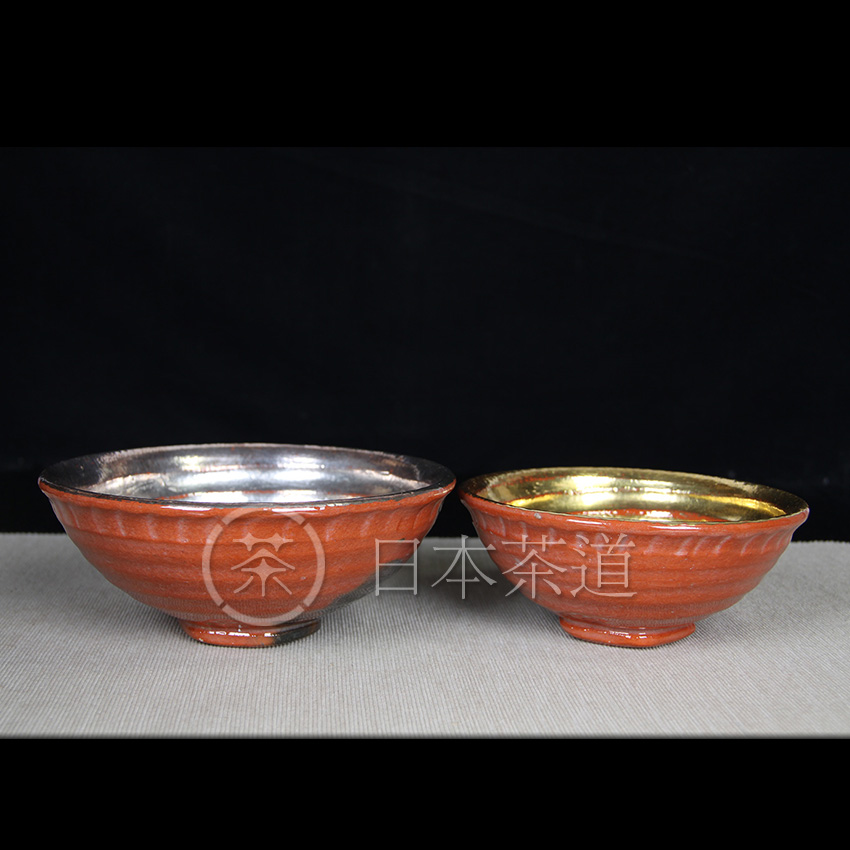 日本瓷器 日本抹茶碗 日本赤乐烧和乐造螺旋红釉茶碗一对