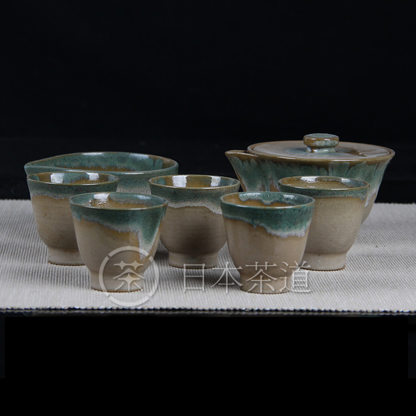 日本陶瓷 铁胎绿釉急需公道茶杯七件套 薄胎工艺 釉水莹润