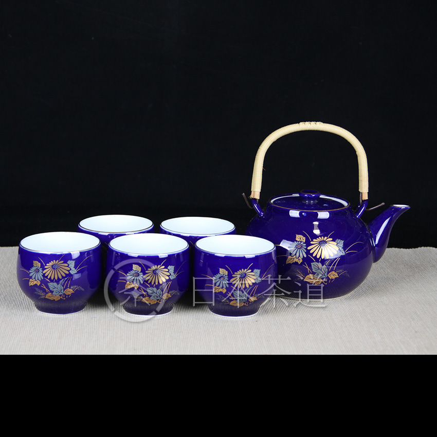 日本陶瓷 蓝釉菊花纹提梁壶五杯组 带原装供箱，经典器型，绘制菊花纹，大壶大杯，泡绿茶首选