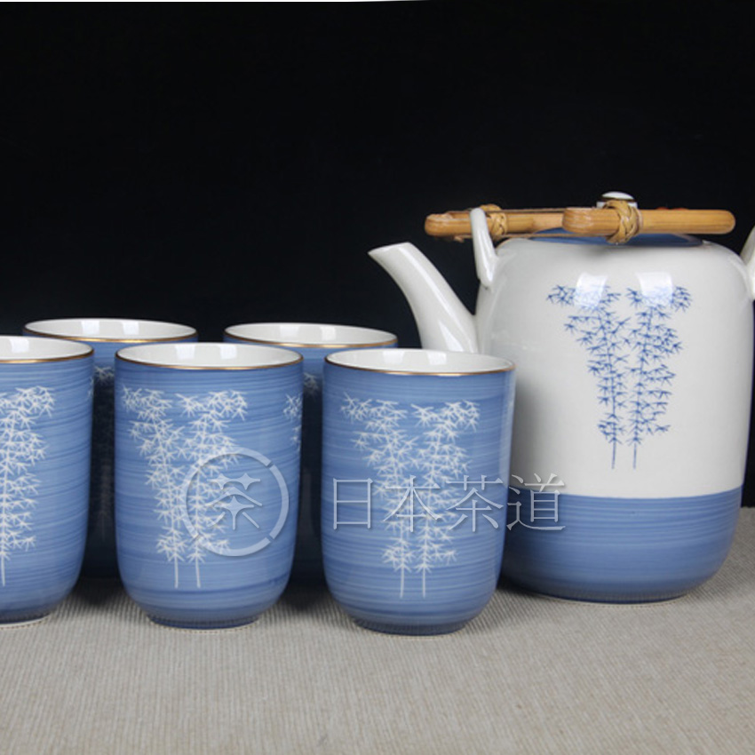 日本陶瓷 橘吉款竹子纹高杯大壶六件套 器型较大，适合冲泡绿茶，竹节提梁，绘制修竹纹，杯口描金，性价比高的一套绿茶茶具