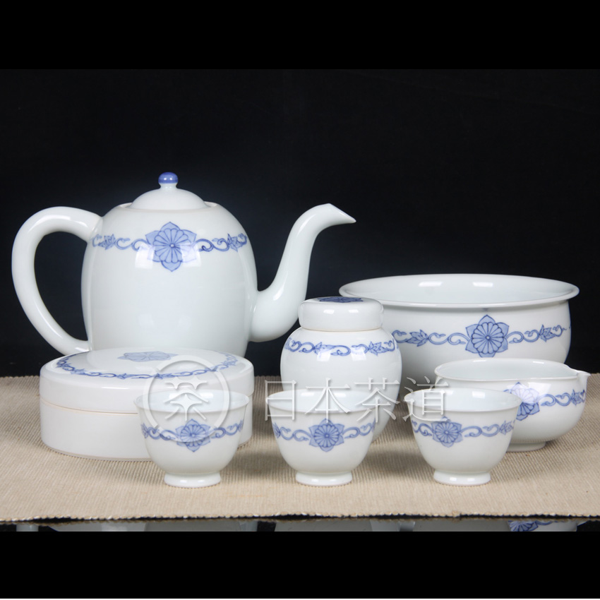 日本陶瓷 青花花卉纹茶壶公道杯茶叶罐建水品茶杯盖罐全套八件 难得大套陶瓷茶具