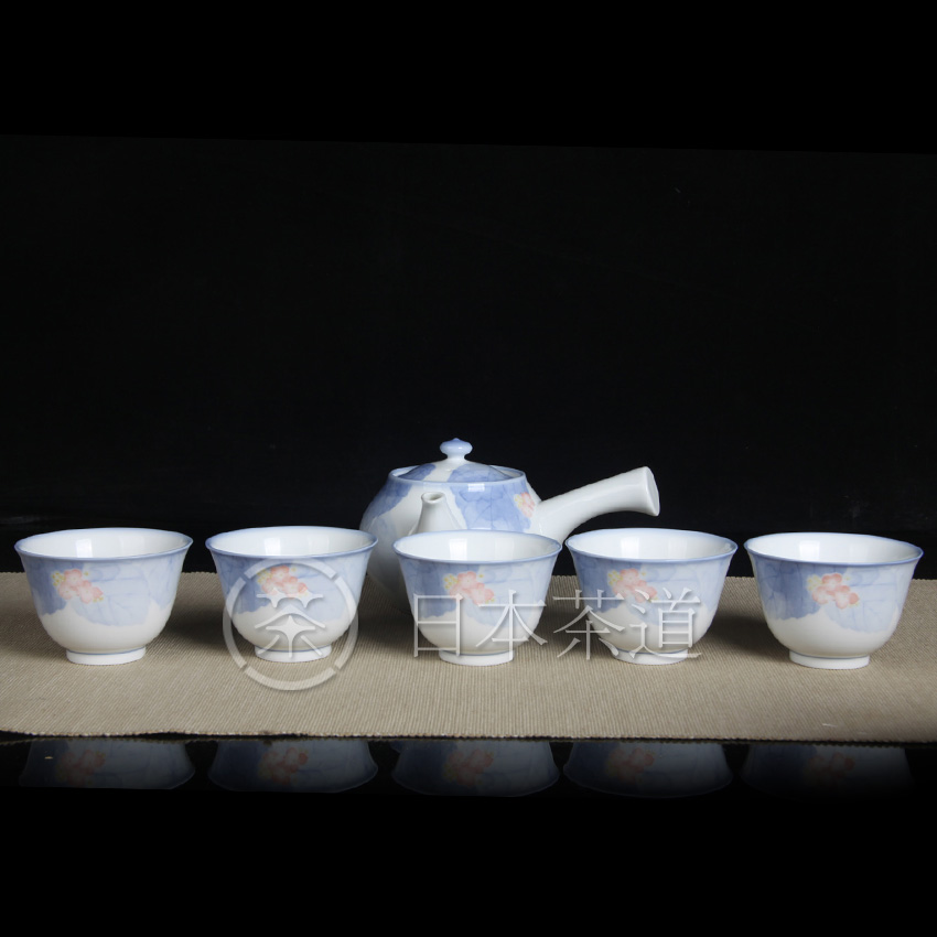 日本陶瓷茶道组 日本樱花横手急须侧把壶品茶杯六件套 日本陶瓷茶具，绘画樱花纹，侧把壶，带原装证书、供箱