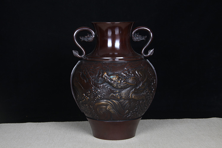 日本花器日本铸铜龙纹铜花瓶花入日本名家坂田七太郎作高浮雕龙纹 
