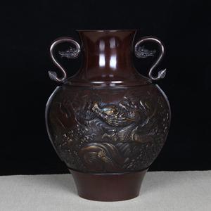 日本花器日本铸铜龙纹铜花瓶花入日本名家坂田七太郎作高浮雕龙纹，双龙