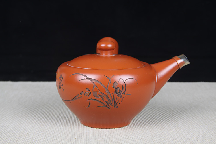 日本陶瓷茶道组日本常滑烧朱泥侧把急须品茶杯六件套煌堂作，刻绘兰花纹 