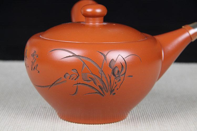 日本陶瓷茶道组日本常滑烧朱泥侧把急须品茶杯六件套煌堂作，刻绘兰花纹 