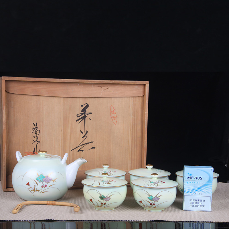 日本茶道组 日本提梁壶有盖水杯六件套 淡绿釉花卉纹，瑞洸作，带原装供箱
