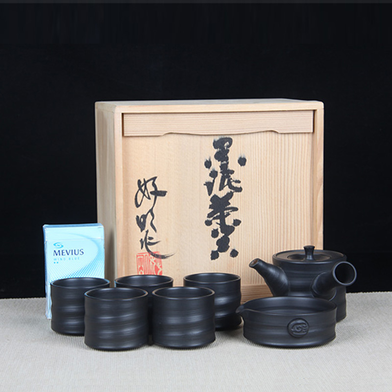 日本陶瓷茶道组 日本黑陶竹节型侧把壶公杯品茶杯七件套 日本黑陶工艺烧制温度高敲击声清脆，器形大气