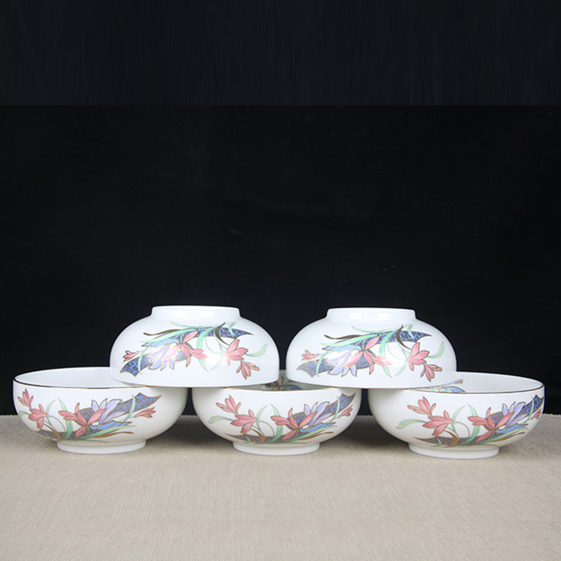 日本茶杯组 日本五彩兰花纹内外彩大口盏杯 日本五彩绘制兰花纹，内外彩工艺，釉水肥润
