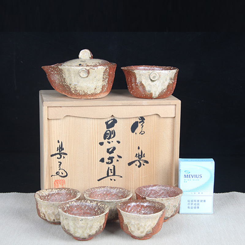 日本陶瓷茶道组 日本信乐烧宝瓶急须公杯品茶杯七件套 日本信乐烧工艺，烧制温度高，结晶析出类似石英，非常古朴有质感