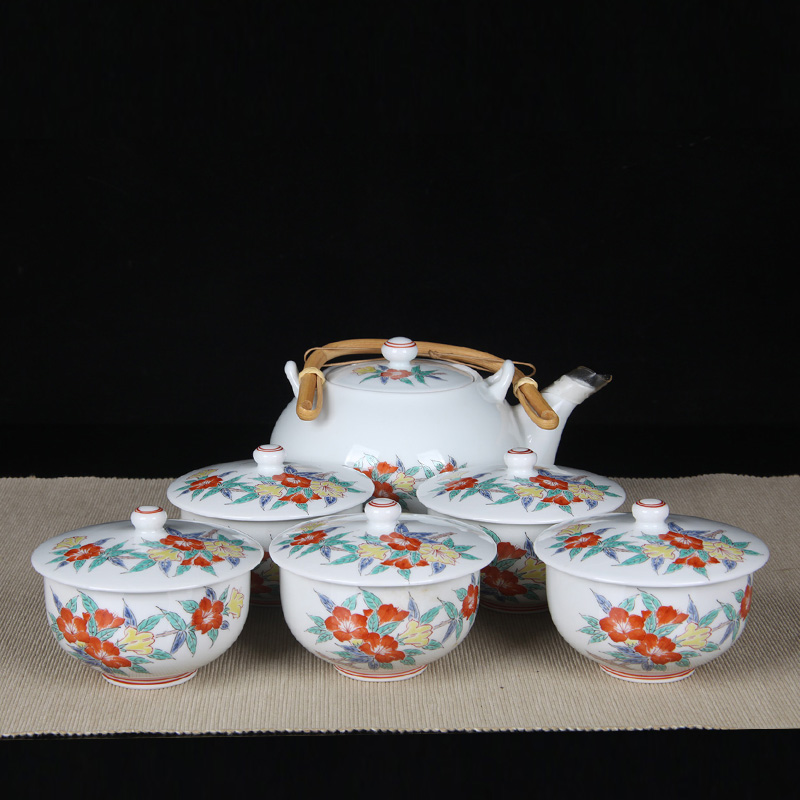 日本陶瓷茶道组 日本粉彩花卉纹提梁壶品茶杯六件套 日本粉彩工艺，画工精细