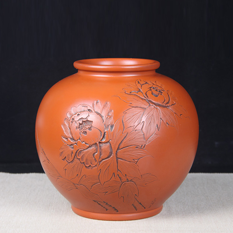 日本花器 日本常滑烧花卉纹大肚花瓶花器 日本常滑烧工艺，刻绘牡丹花卉纹，器形大气，刻绘精细，永峰造