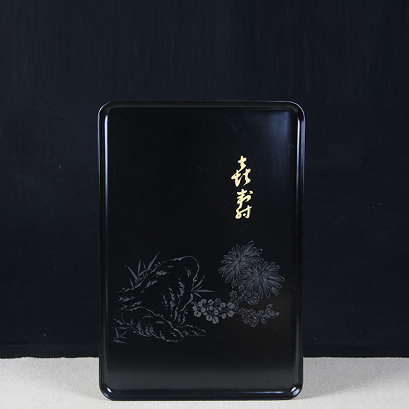 日本漆器 日本轮岛涂木胎漆器花卉纹四方盘 日本漆器工艺，黑漆四方盘，器形尺寸较大，金漆书写喜寿