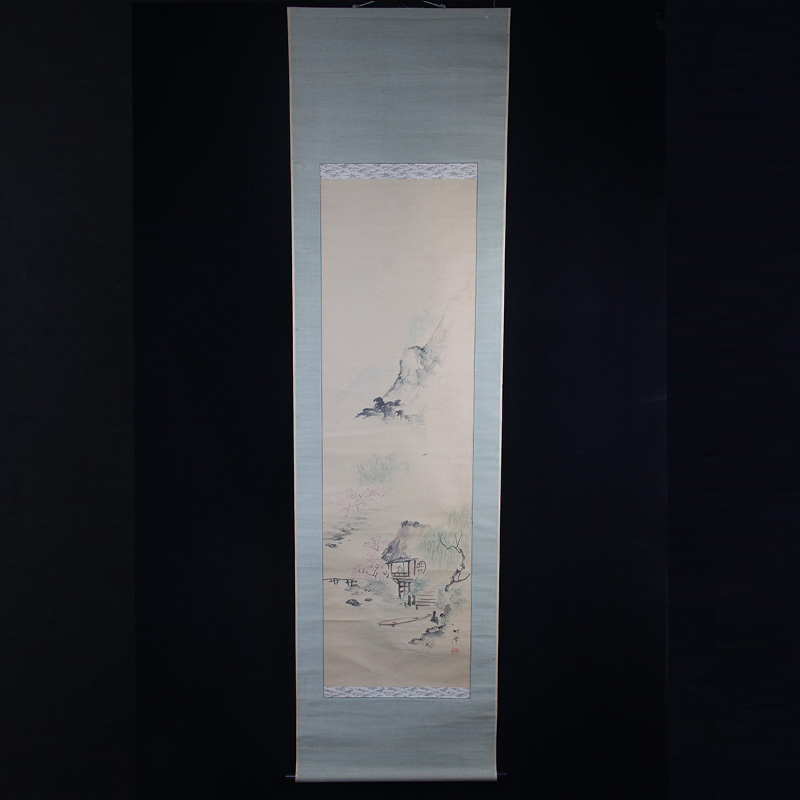 日本书画 春景山水图卷轴书画 带作者款识，带原装供箱