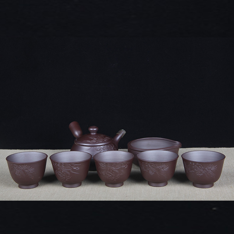 日本陶瓷茶道组 日本万古烧瑞兽狮子纹侧把壶公杯品茶杯七件套 日本万古烧工艺，手刻狮子纹，刻绘精细