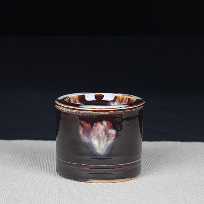日本建水 日本陶瓷直筒型建水 日本黑釉窑变工艺，烧制窑变花瓣图案，黑紫红色，花孔盖