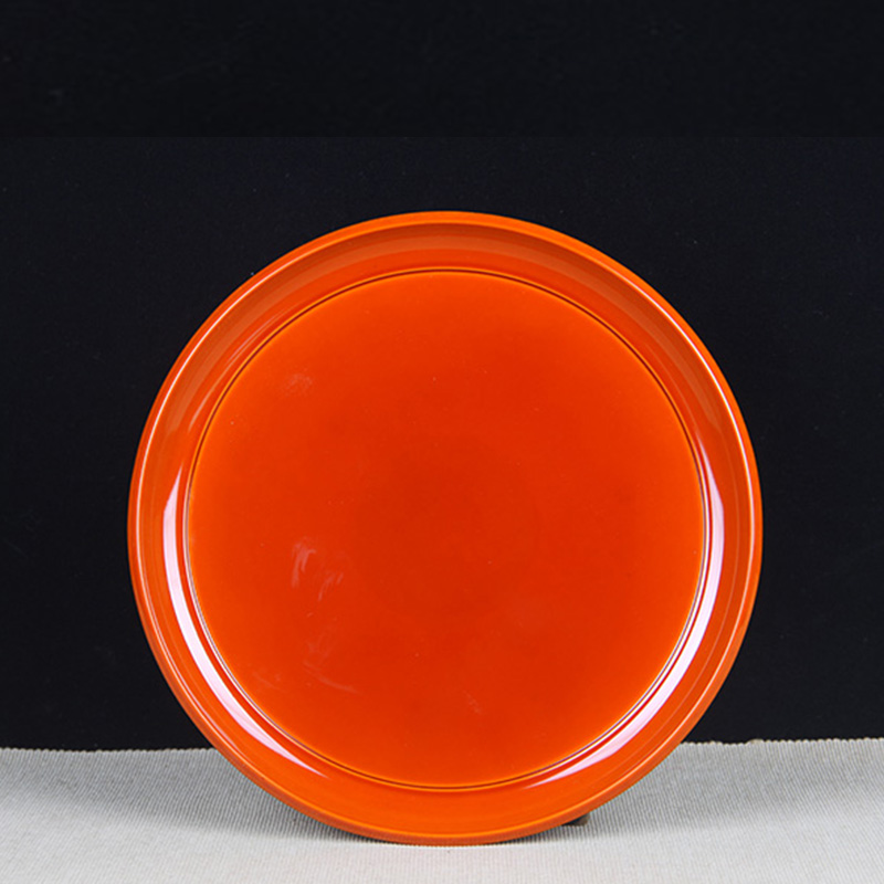 日本漆器 日本轮岛涂木胎漆器橘红色圆盘 日本轮岛涂工艺，橘红色大漆，带原装供箱