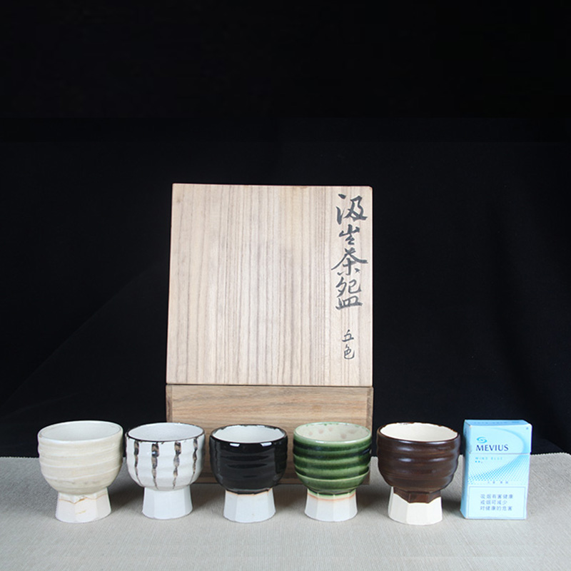 日本茶杯组 日本色釉螺旋纹高足杯五客 日本色釉工艺，喜明作，高足杯器型，带螺旋纹，釉水肥润，古拙味十足