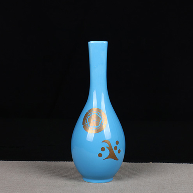 日本花器 日本蓝釉四方鹤首瓶 日本蓝釉工艺，描金绘制花卉纹，带原装供箱