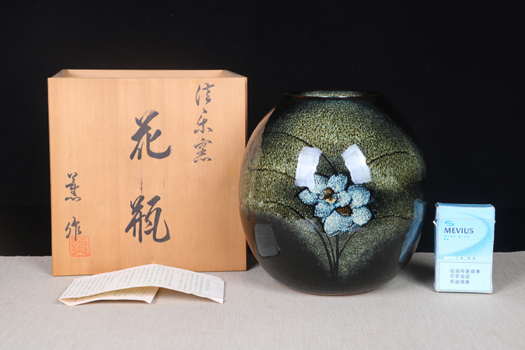 日本花器 日本信乐烧花卉纹兔毫大肚瓶 日本信乐烧工艺,信乐窑名家做