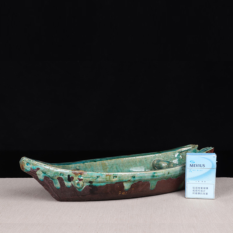 日本陶瓷 日本青瓷绿釉船型置物