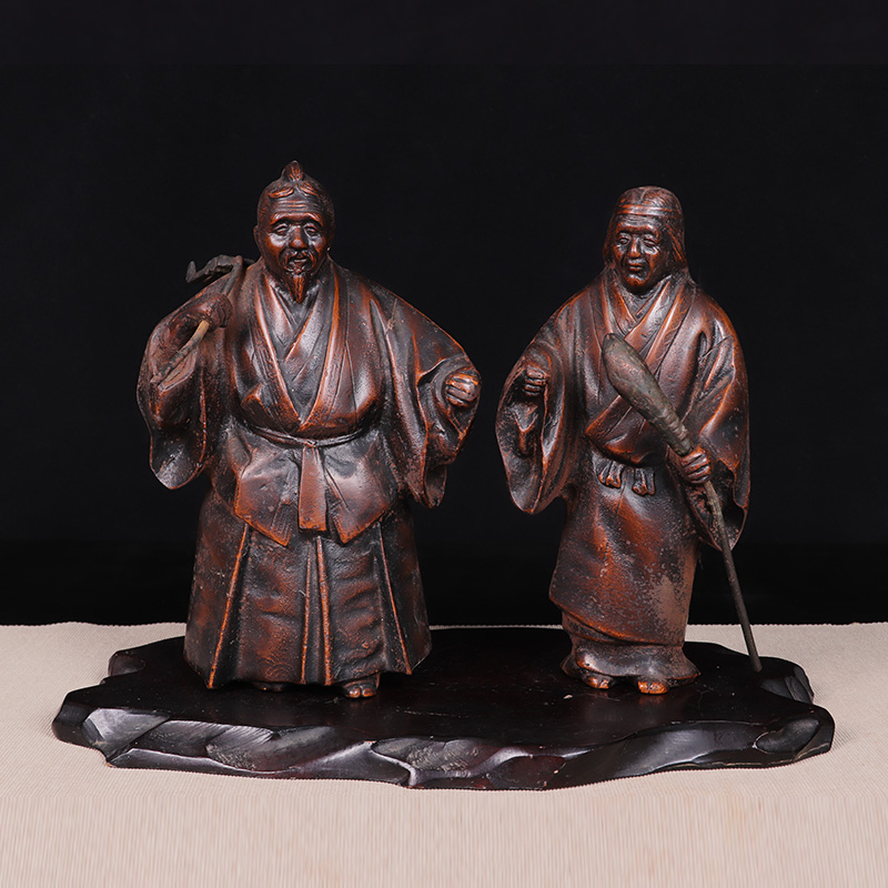 日本茶器 日本铁制老夫妇置物 日本荣山造，铸铁高砂铸造置物，长寿夫妇，带板覆