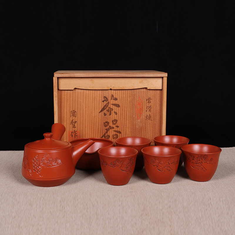 日本陶瓷茶道组 日本常滑烧松树纹侧把急须公杯品茶杯七件套 日本常滑烧工艺，陶圣作，带原装供箱