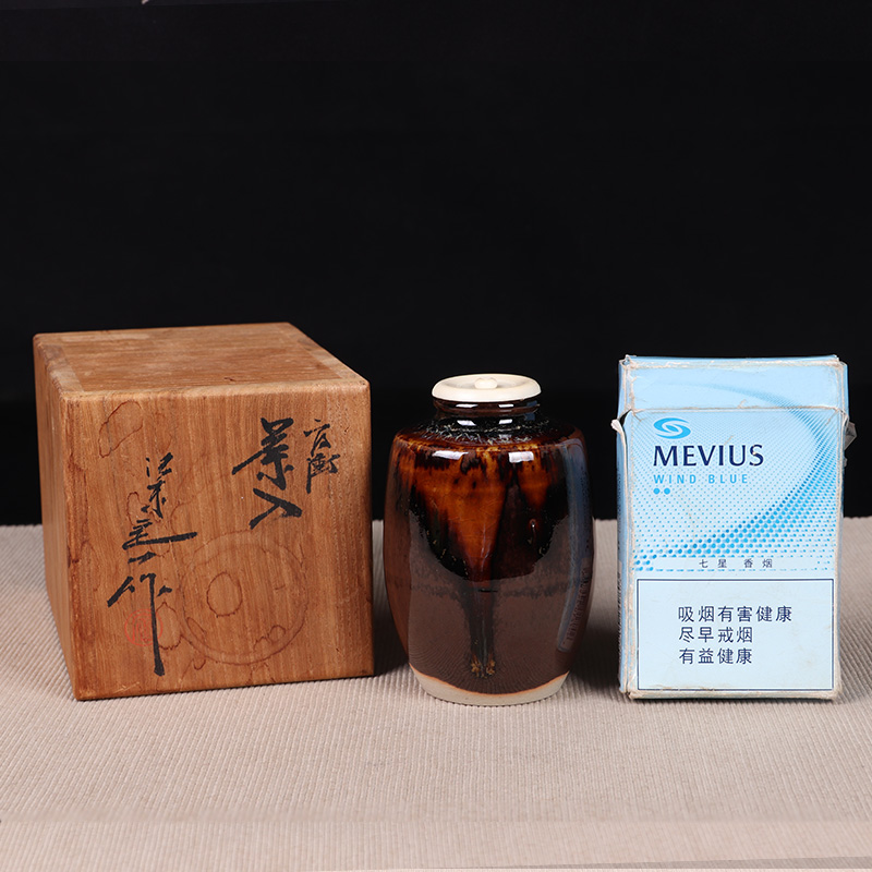 日本茶入 日本酱釉抹茶茶入 日本传统茶入，带茶衣，带原装供箱，高端茶入盖