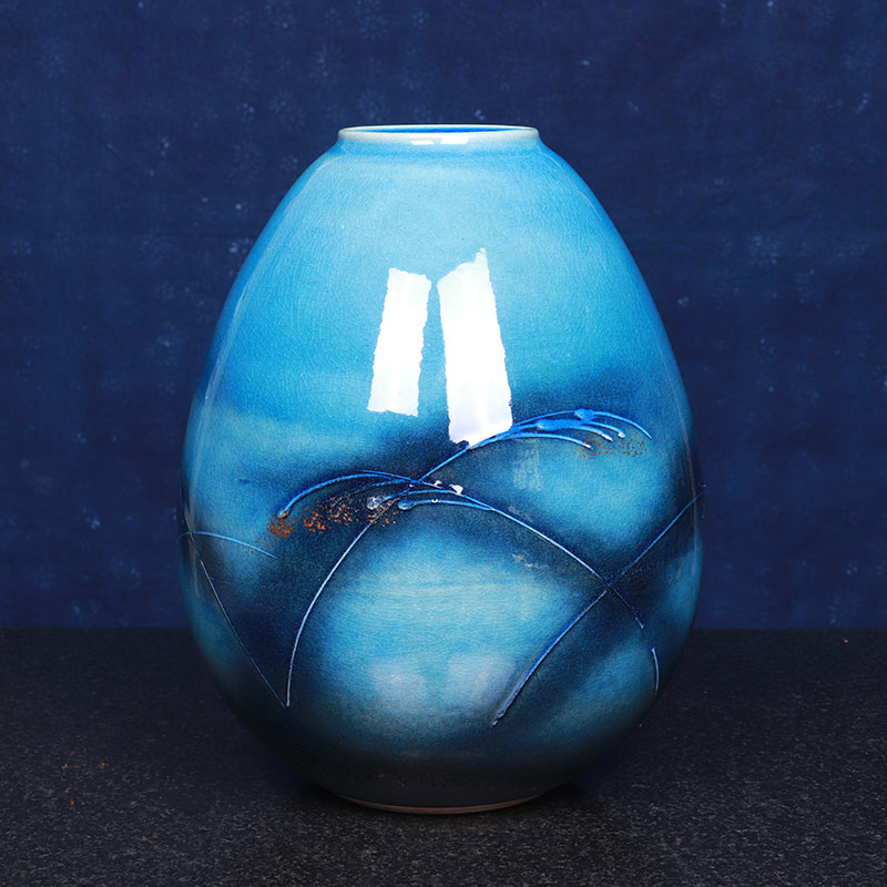 日本花瓶 日本蓝釉稻穗纹大肚型花瓶花器