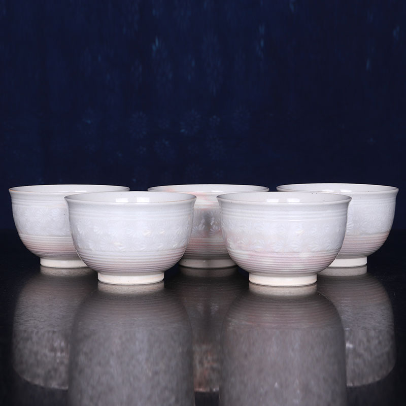 日本茶杯组 日本萩烧雕刻花卉纹品茶杯五客